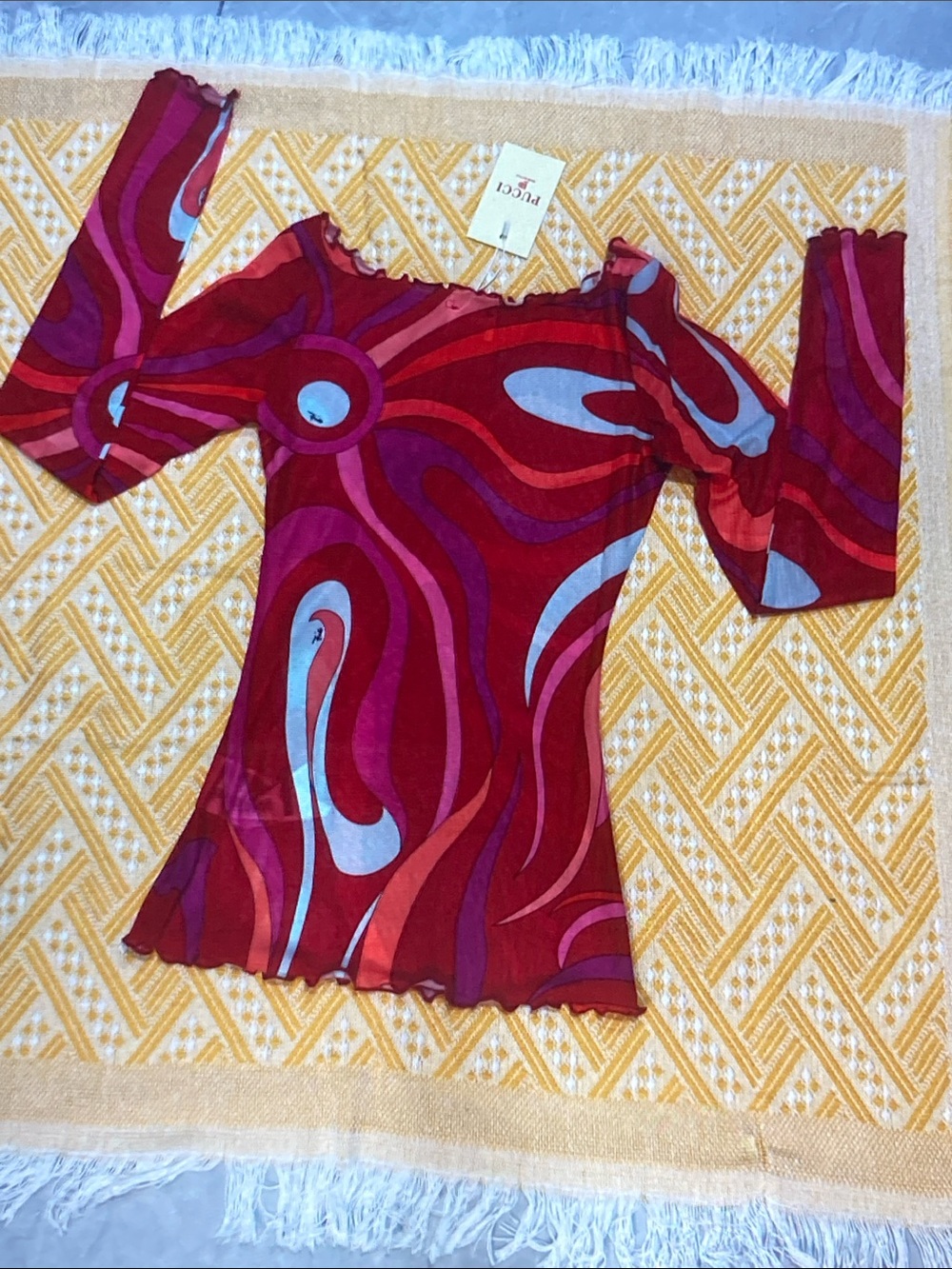 -Inspired Red Swirl Long-Sleeve Mesh Top - Picture 6 of 10